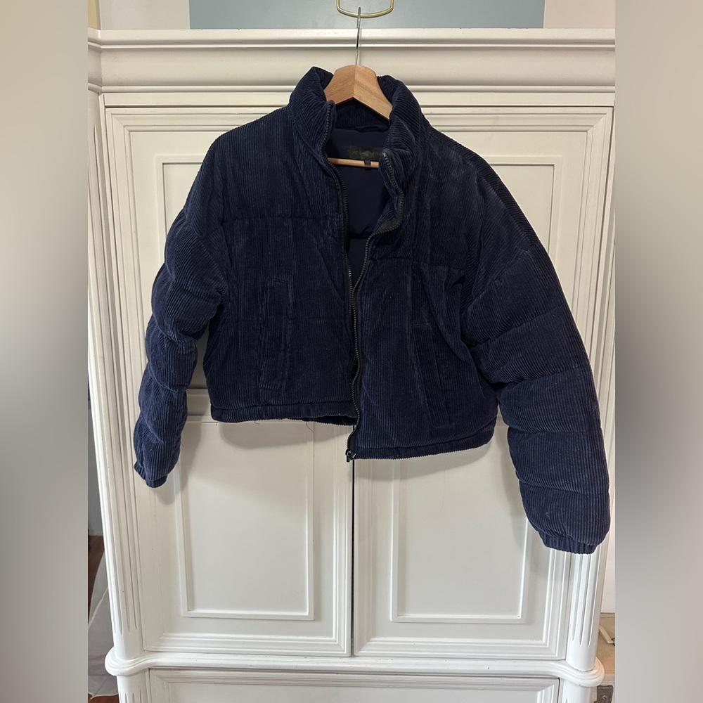Kendall & Kylie Navy Blue Corduroy Cropped Puffer Jacket